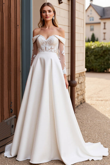 Dentelle ivoire épaule dénudée Robe de mariée en satin une ligne